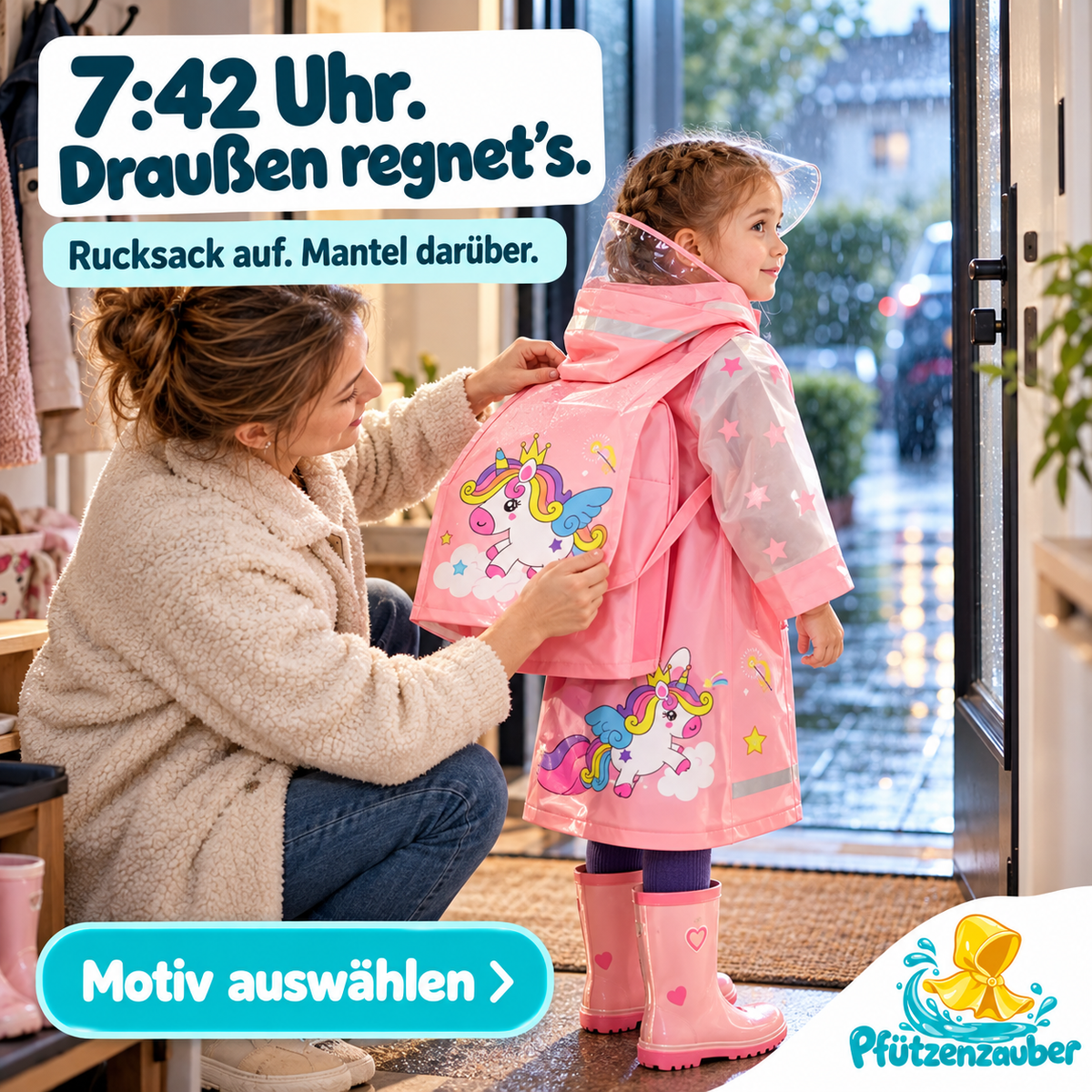 Pfützenzauber 🧙Kinderregenmantel mit Platz für den Rucksack