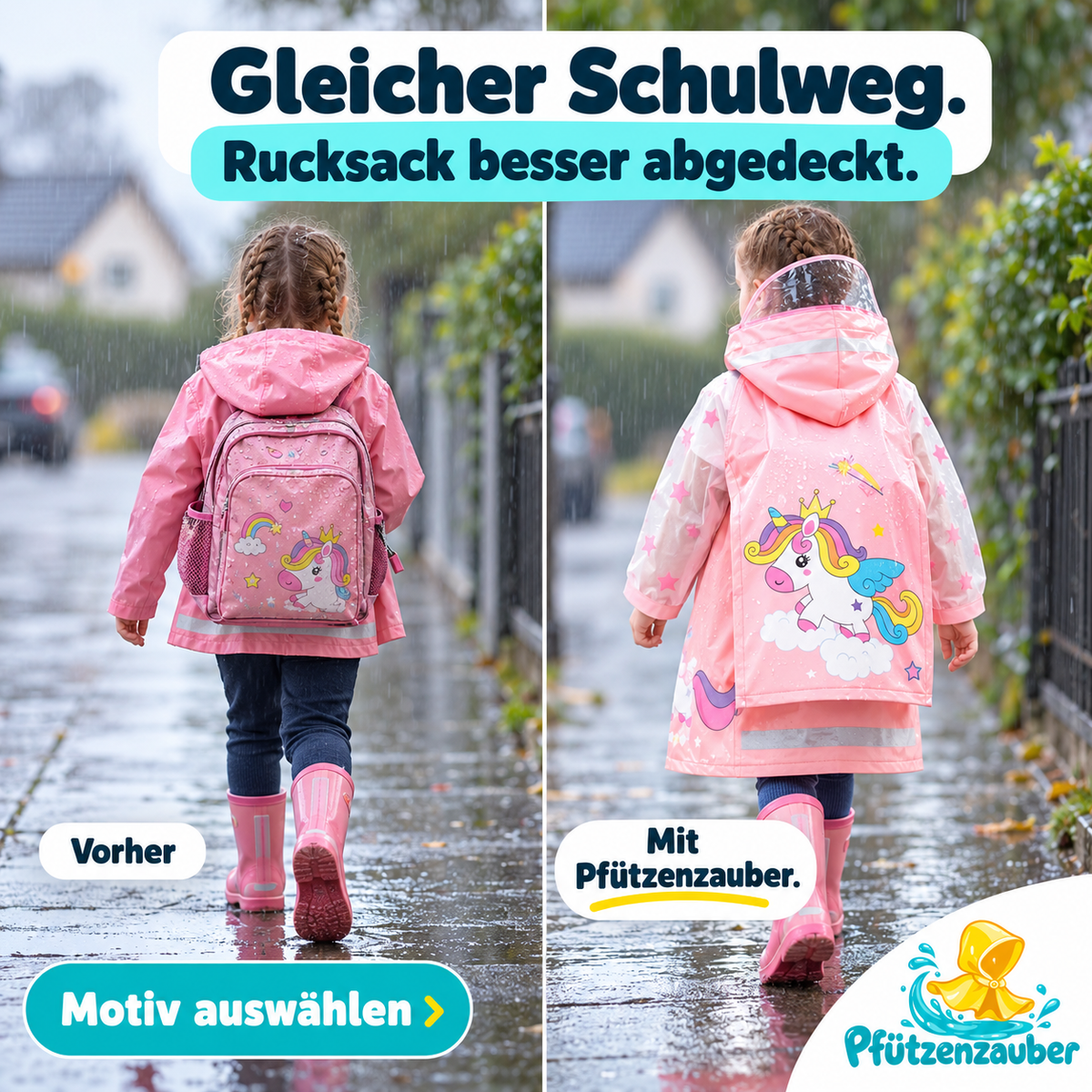 Pfützenzauber 🧙Kinderregenmantel mit Platz für den Rucksack