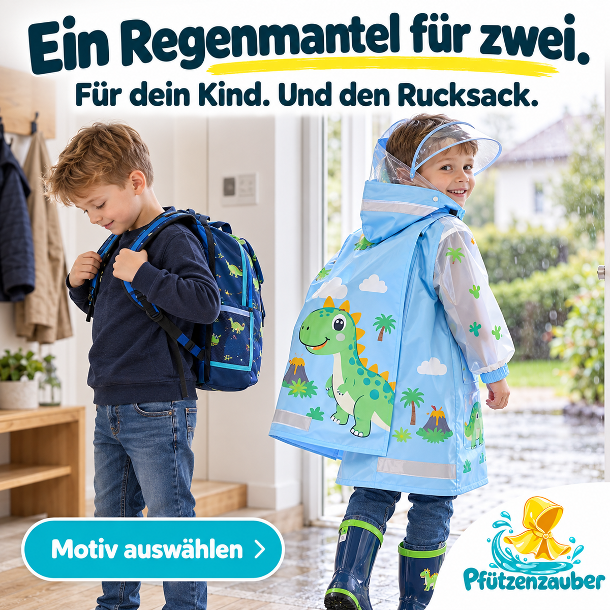Pfützenzauber 🧙Kinderregenmantel mit Platz für den Rucksack